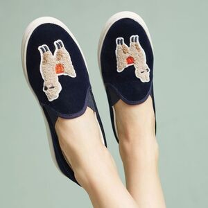 Anthropologie Soludos Velvet Llama Slip-on Sneaker Slides in Navy Blue Size 8